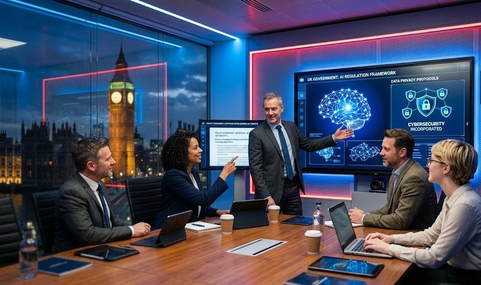 UK government officials and technology experts discussing artificial intelligence regulation, privacy, cybersecurity, and AI policy in a futuristic London conference room.