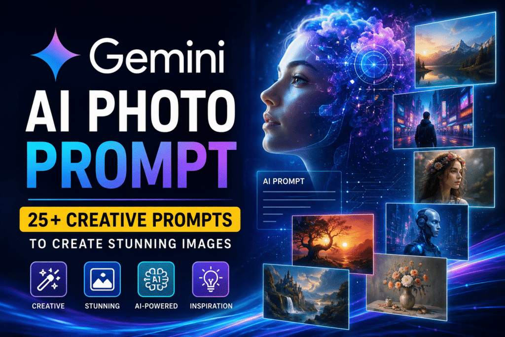 Gemini AI photo prompt banner featuring 25+ creative AI image prompts and futuristic digital artwork.