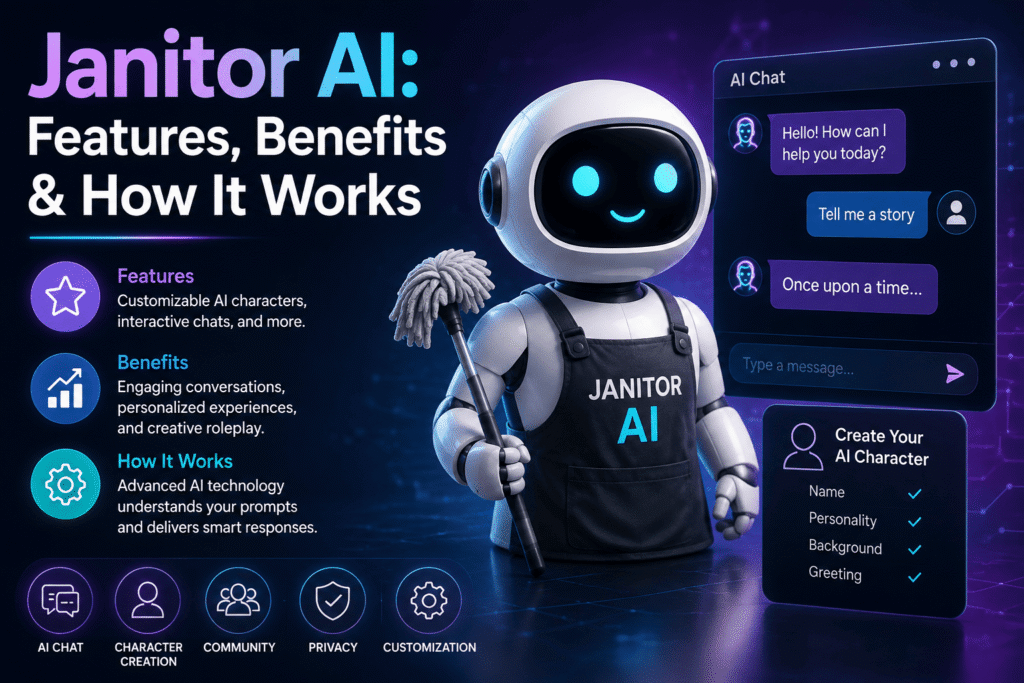 Janitor AI features including customizable AI characters, chatbots, and interactive conversations