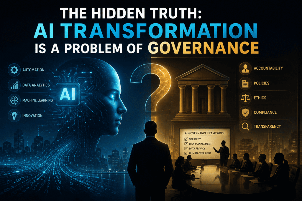 AI transformation is a problem of governance, highlighting AI innovation, accountability, ethics, compliance, and human oversight.