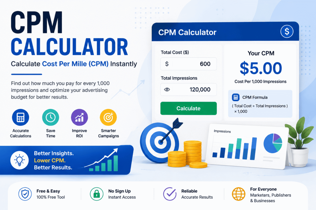 CPM Calculator interface showing how to calculate Cost Per Mille (CPM) using total advertising cost and impressions with a free online CPM calculator.