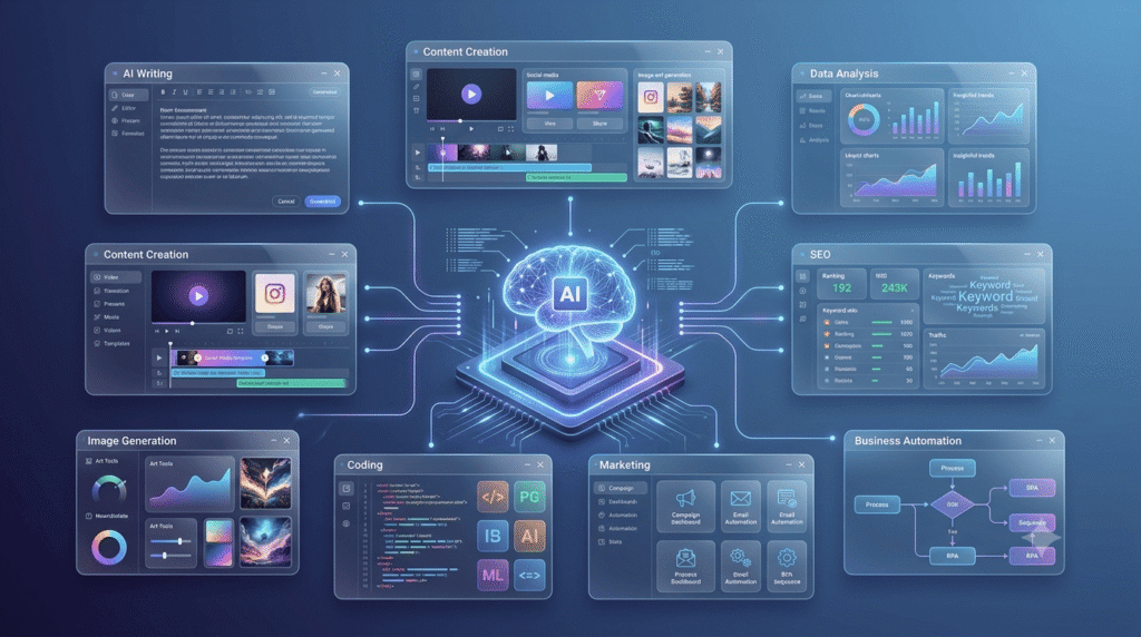 Goseboze AI Tools featuring AI writing, content creation, data analysis, coding, SEO, research, and workflow automation