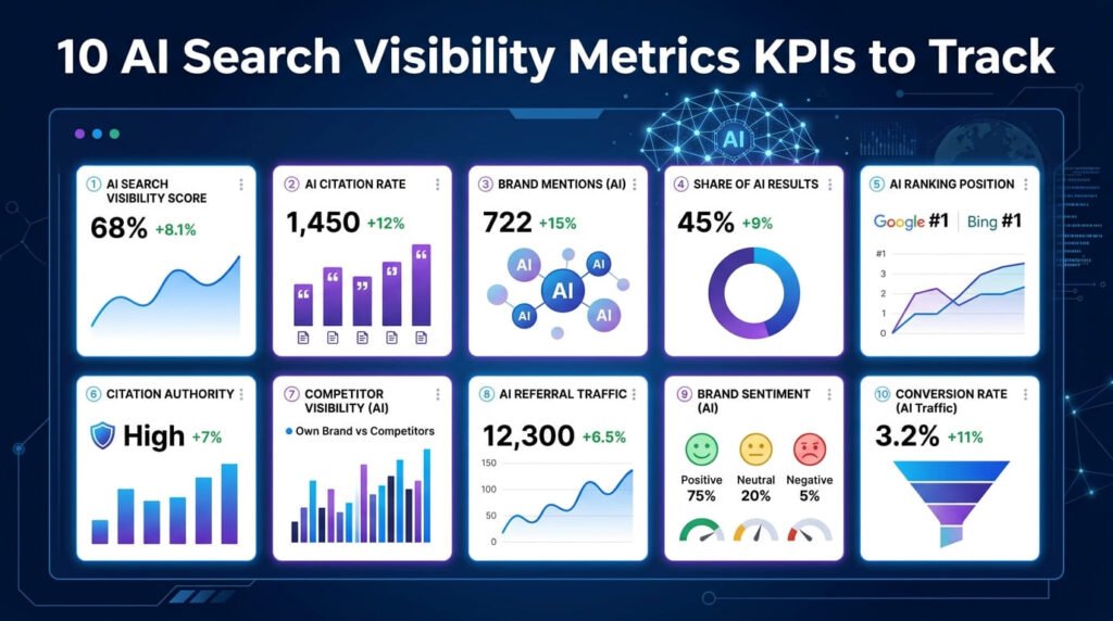 AI Search Visibility Metrics KPIs dashboard showing AI search performance and SEO analytics