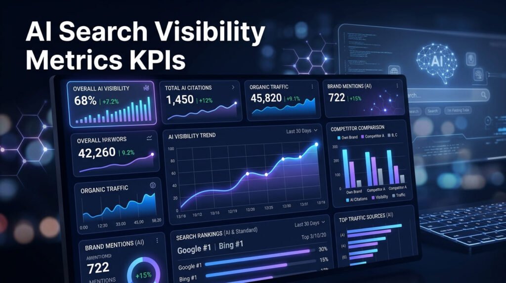 AI Search Visibility Metrics KPIs dashboard showing AI search performance and SEO analytics